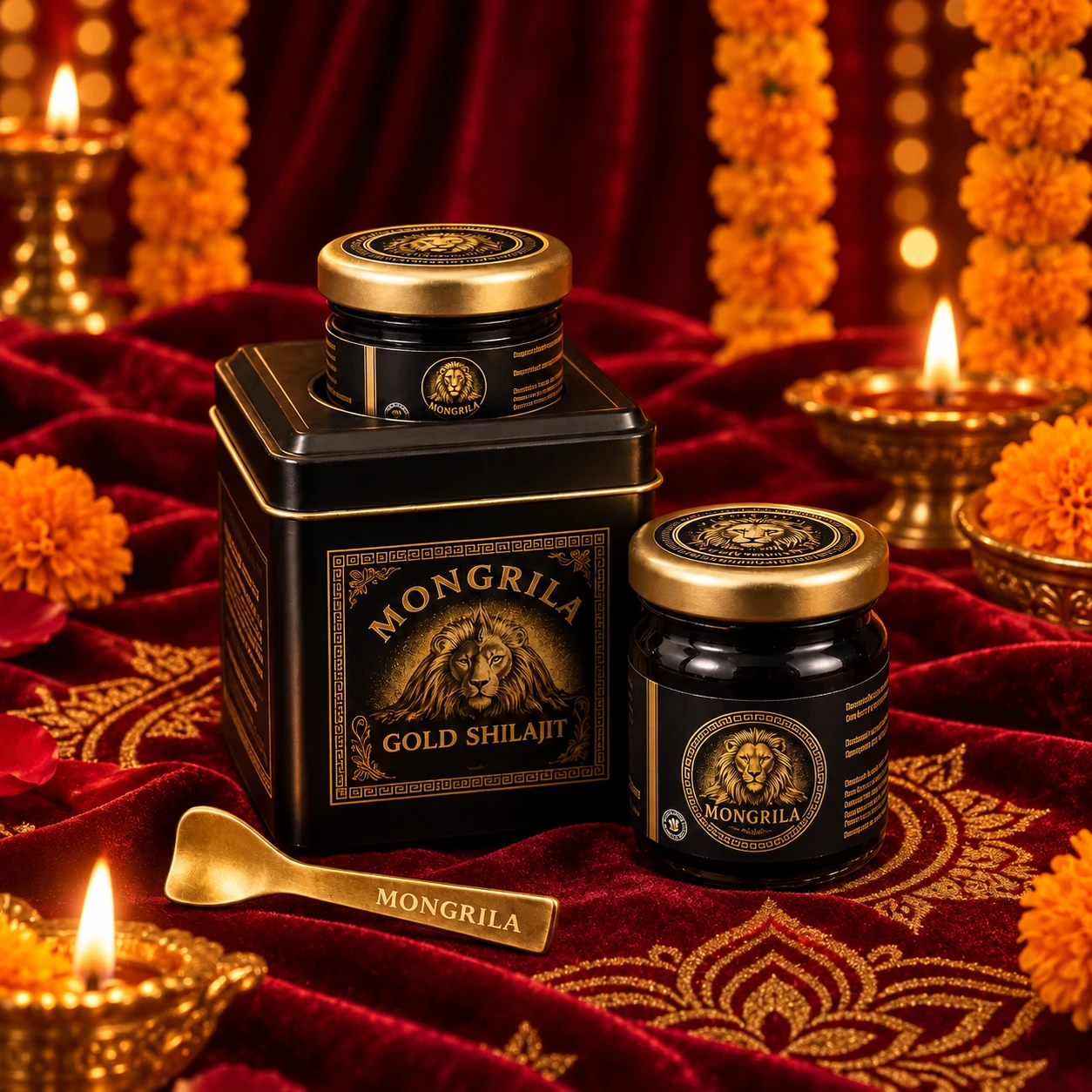 Mongrila Gold Shilajit Resin jars and premium black-and-gold packaging