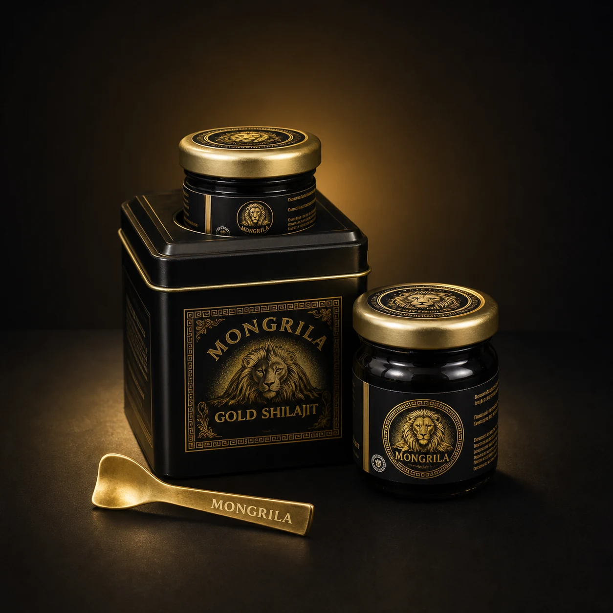 Mongrila Gold Shilajit Resin jars and premium black-and-gold packaging