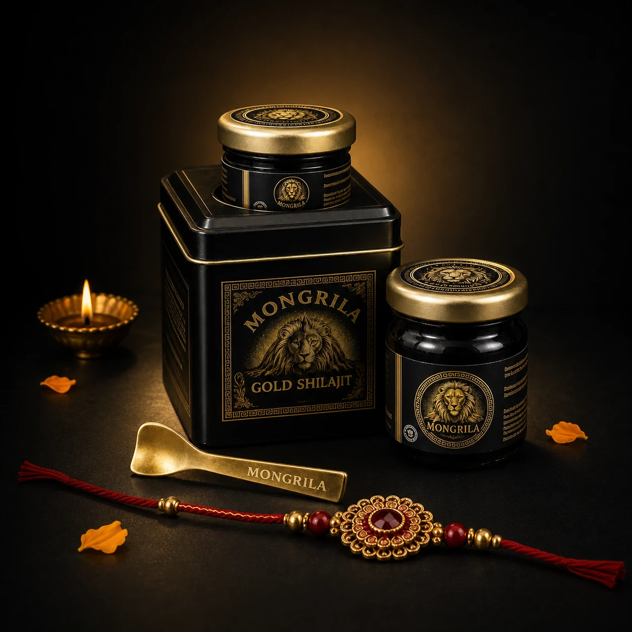 Mongrila Gold Shilajit Resin jars and premium black-and-gold packaging