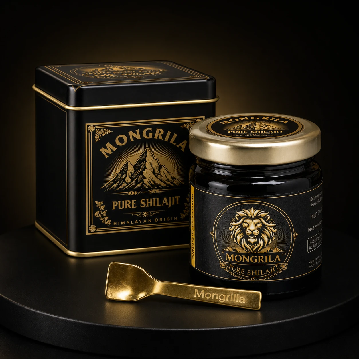 Mongrila Pure Himalayan Shilajit Resin jar, tin and serving spoon