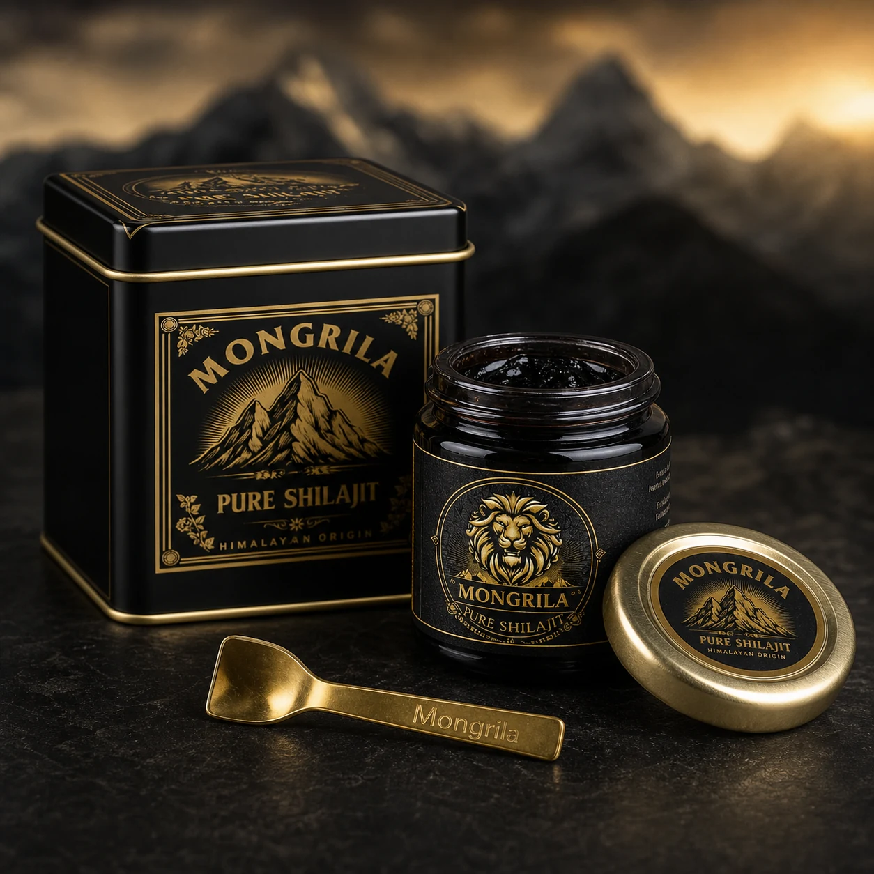 Open Mongrila Pure Shilajit Resin jar with the supplied gold measuring spoon and branded tin