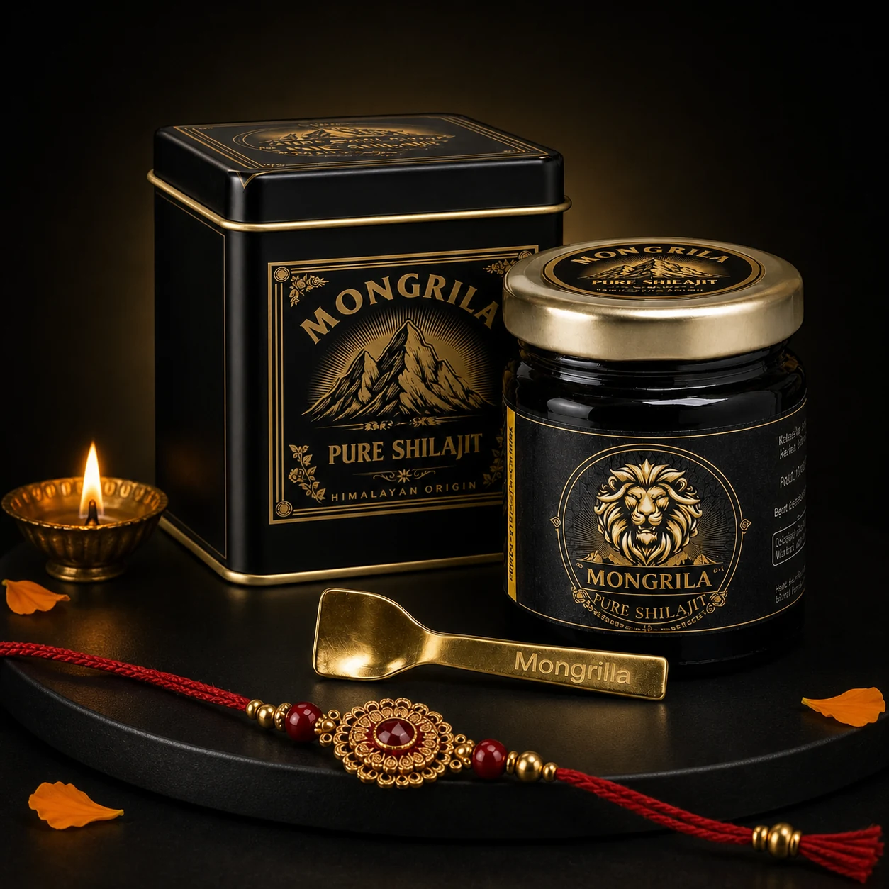 Mongrila Pure Himalayan Shilajit Resin jar, tin and serving spoon